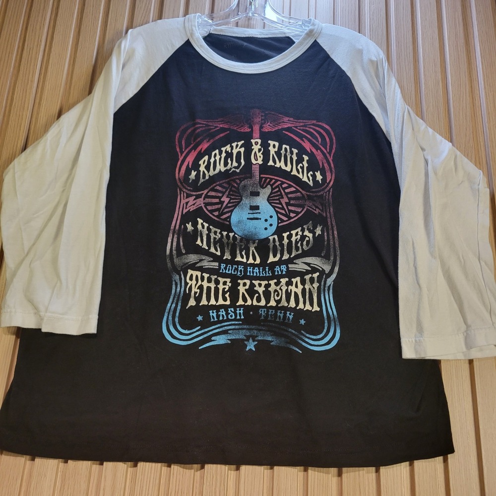 Ryman Auditorium Rock & Roll Never Dies Nashville Raglan Baseball Tee XL Black